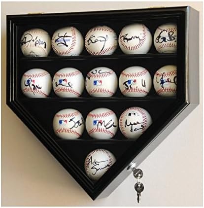 14 Baseball Ball Display Case Cabinet Holder Wall Rack Home Plate Shaped w/98% UV Protection- Lockable -Black