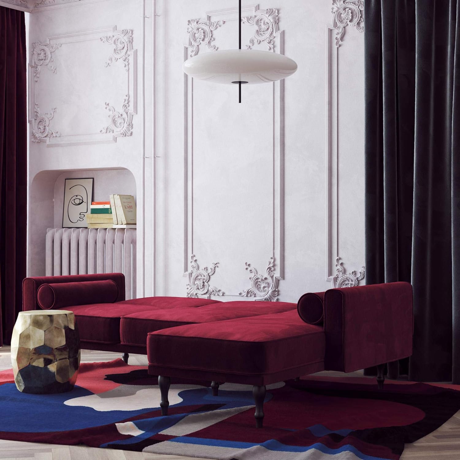 Pemberly Row Velvet Small Space Sectional Futon in Green