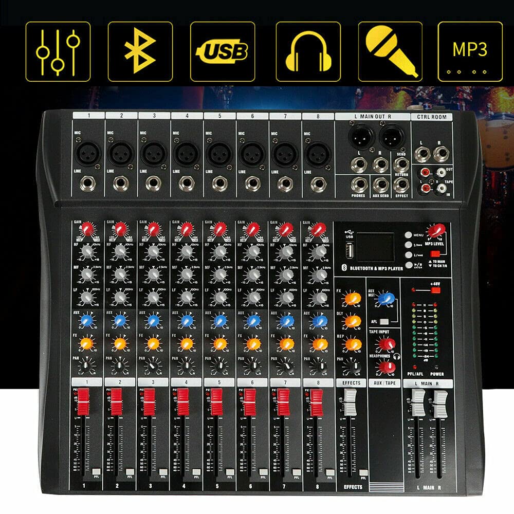CNCEST Professional Mixer Sound Board Console 8 Channel Desk System Interface Digital USB Computer Phantom Power Stereo DJ Studio FX Steel Chassis Black Input AC 110V 50Hz 18W