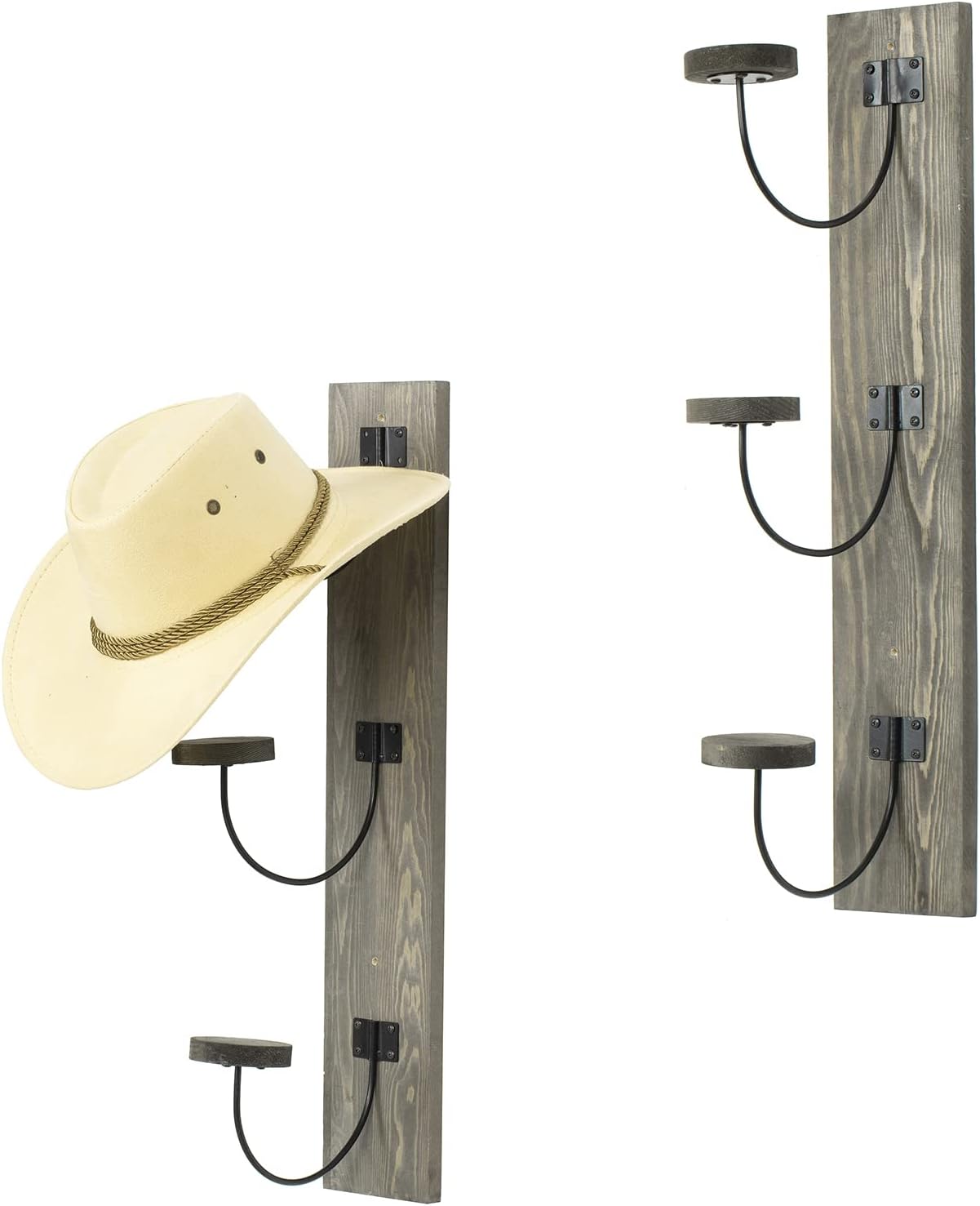MyGift Wall Mounted Hat Rack, Vintage Gray Solid Wood and Black Metal Wire Vertical Hat and Coat Storage Hooks, Set of 2