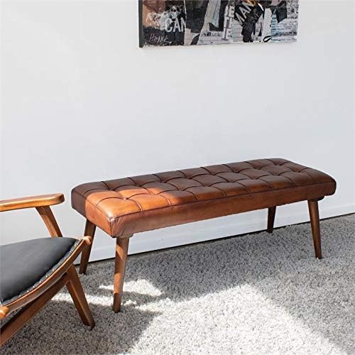 Pemberly Row Mid-Century Modern Benji Cognac Tan Genuine Leather Bench