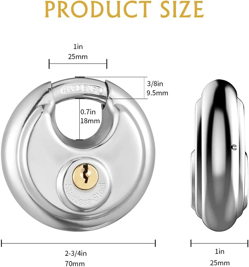CINCINNO Keyed Alike Discus Padlock , Stainless Steel Storage Unit Lock ,2-3/4 in.Wide ,3/8 in. Diameter Shackle, Disc Locks for Sheds, Garages and Fence，2Pack