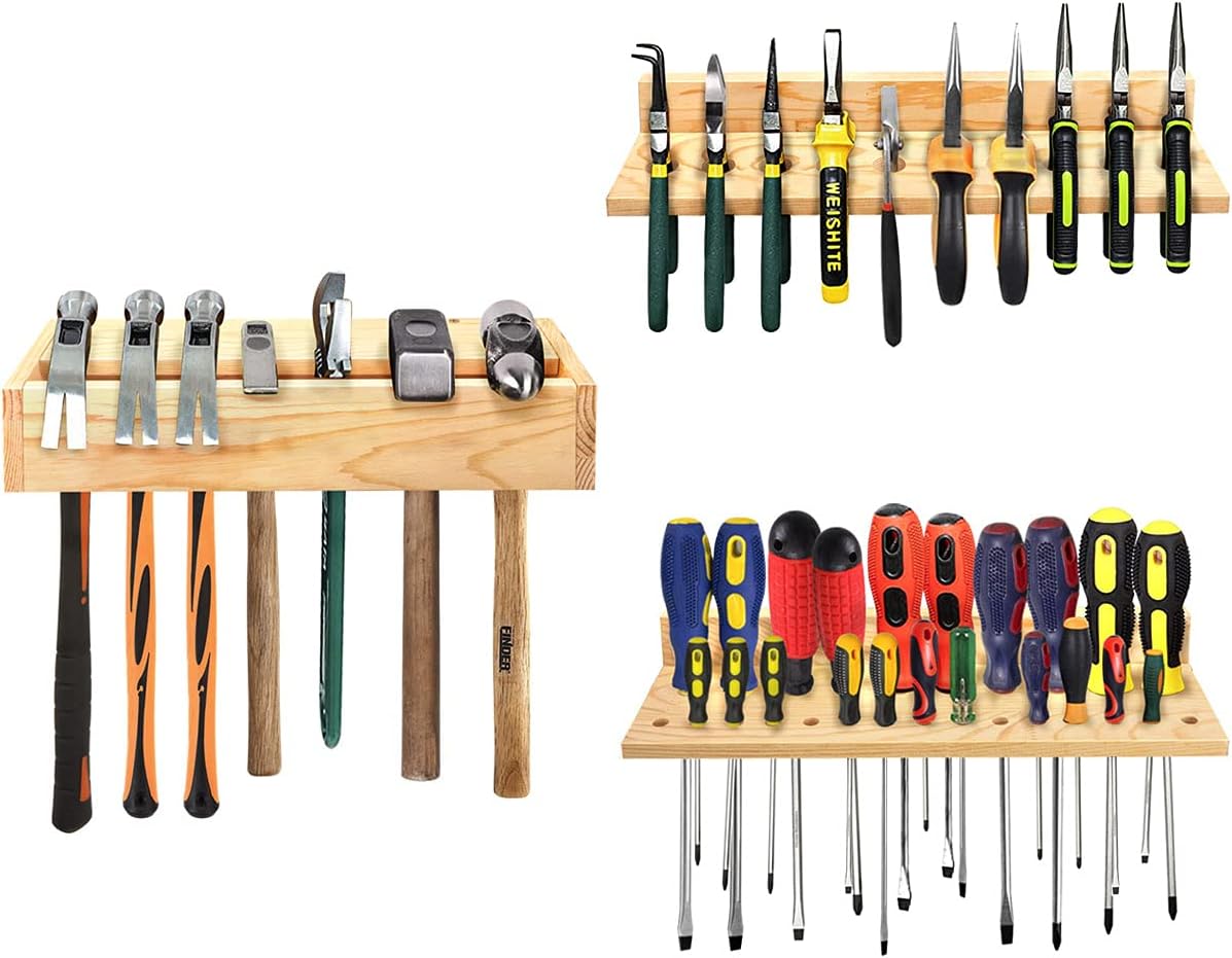 Stepstall Screwdriver Organizer, Wood Pliers Holder, Hammer Rack - Wall Mounted Tools, 3 Packs Hand Tool Wall Organizers and Storage for Garage, Workshop, Workbench