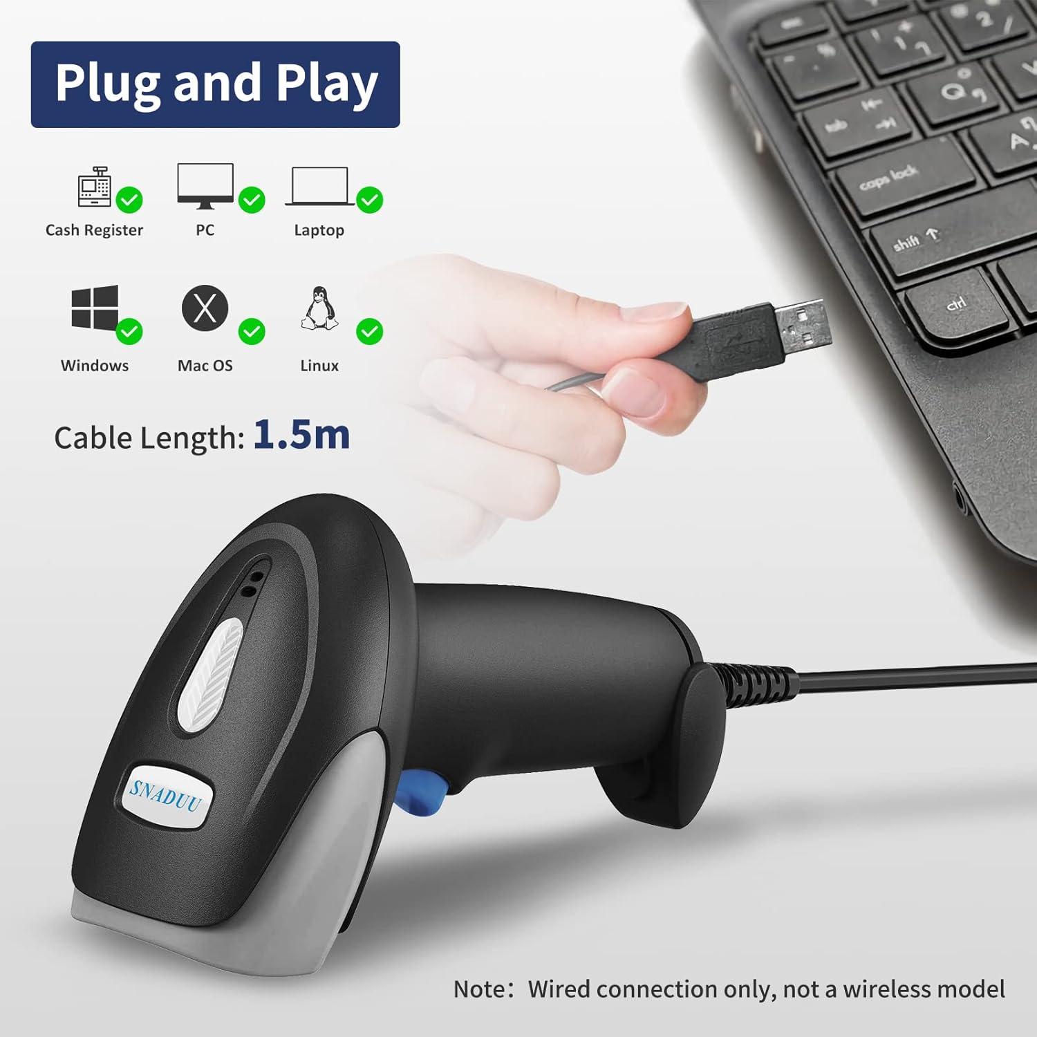 SNADUU Barcode Scanner USB QR Code Scanner 1D 2D Barcode Scanner with Stand, PDF417 Datamatrix Scanner Wired Barcode Reader for PC Compatible with Windows, Mac, Linux