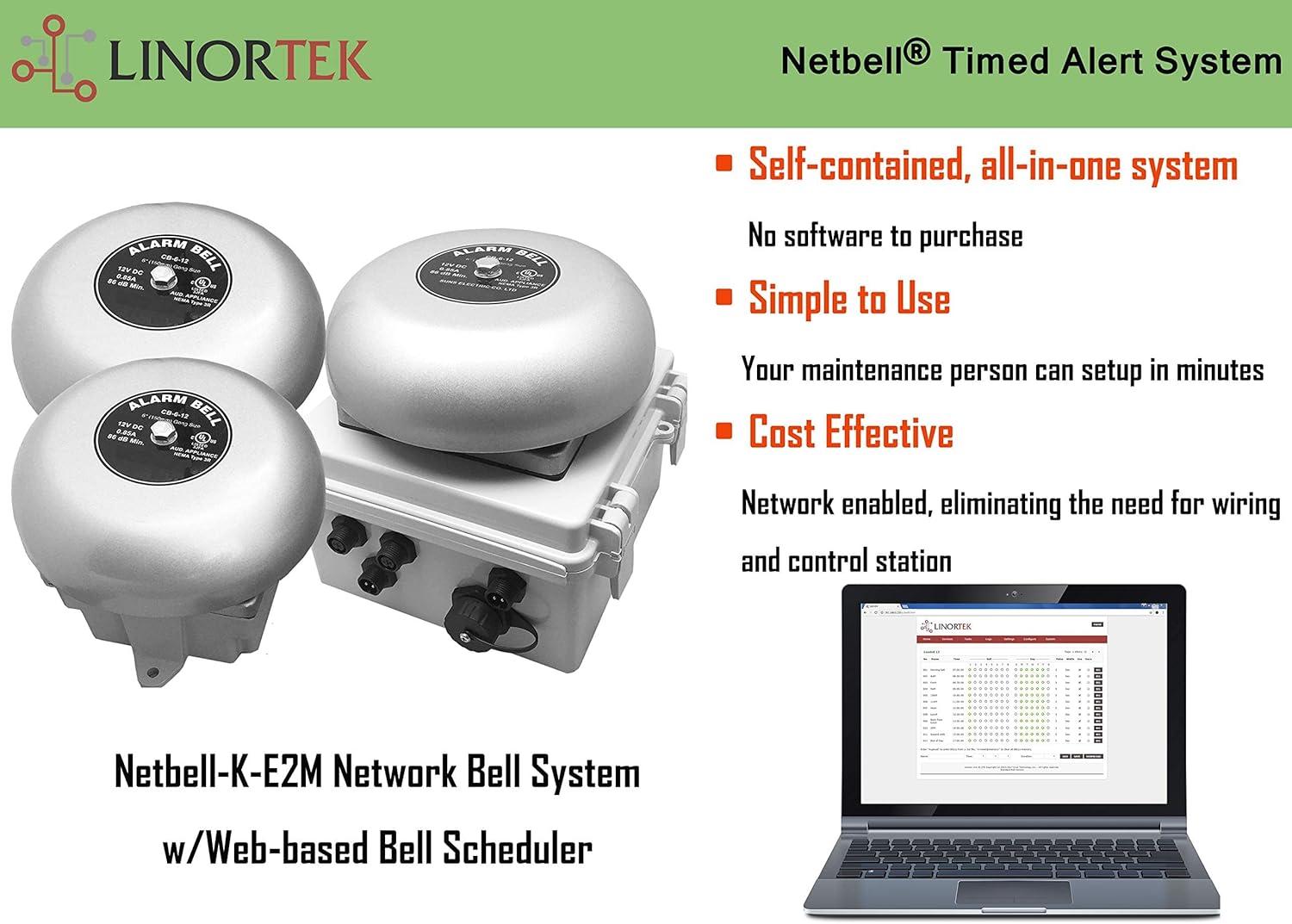 Netbell-K-E2M Automatic Programmable IP Enabled 3 Bells System for School Factory Warehouse Lunch Break