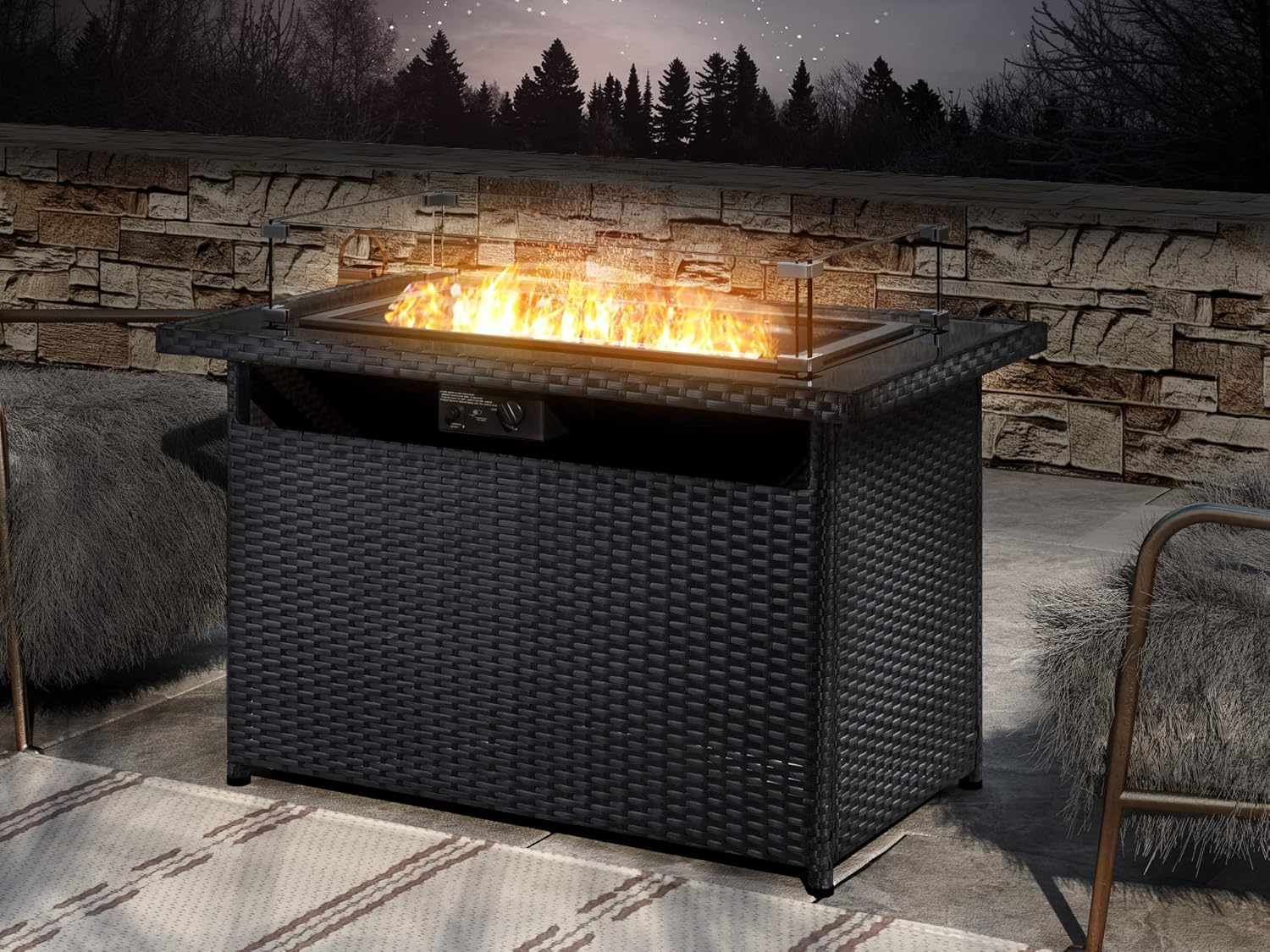 Allewie Fire Pit Table, 43 Inch 55,000 BTU Auto-Ignition PE Rattan Rectangular Propane Gas Fire Table with Glass Wind Guard and Cover for Garden, Patio, Backyard, Deck, Poolside, Black