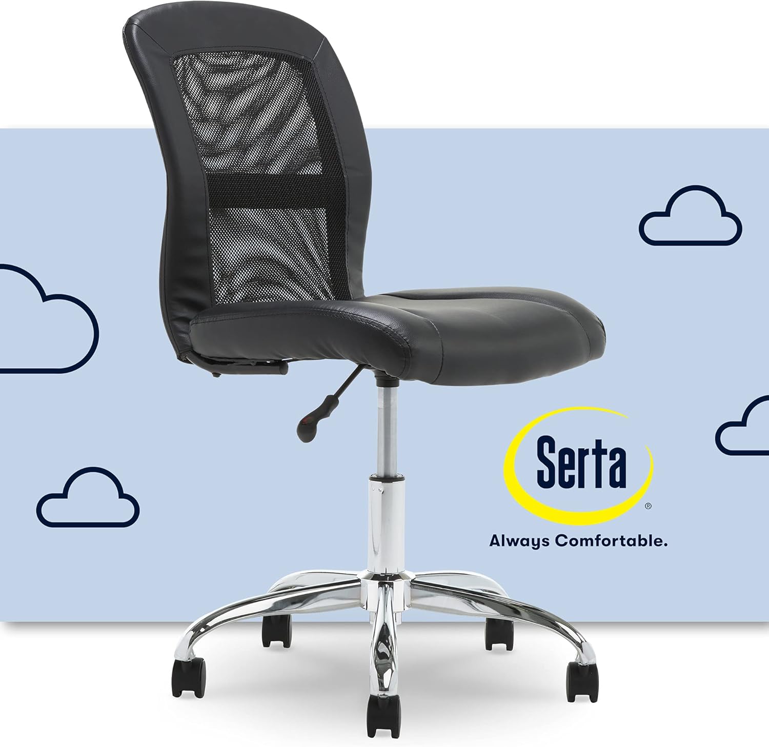 Serta 48740 Essential Mesh Low-Back Computer Desk Task Chair with No Arms for Home Office or Conference Room, Faux Leather, Black