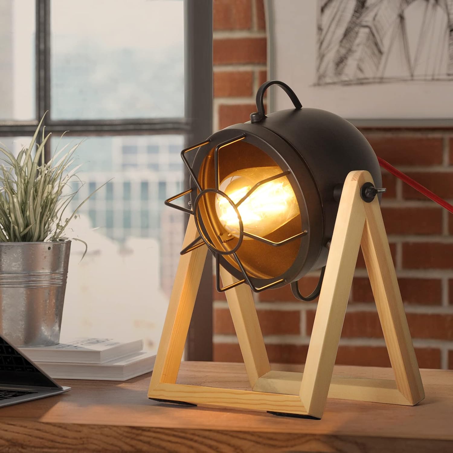 Vintage Table Lamp Old Wood, Retro Searchlight Desk Light for Rustic Decor, Farmhouse Cage Cinema Adjustable Industrial Bedside Lighting for for Loft, Studio, Bedrooms,Black (with no Bulb)