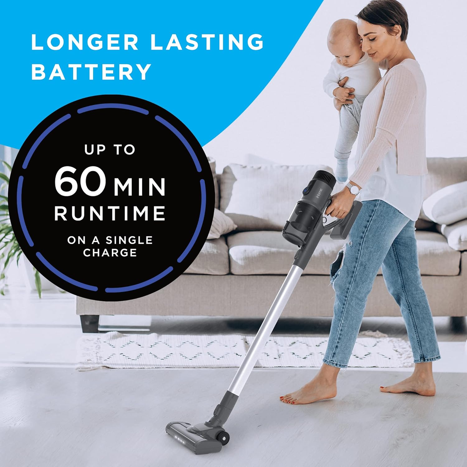 iHome StickVac Cordless Vacuum Cleaner 4-in-1 Stick Vacuum Up to 60 Min Runtime 24,000 PA 400W Motor Ultra Powerful Suction, LED Lights, Converts to Hand Vacuum, LCD Display, Pet Hair