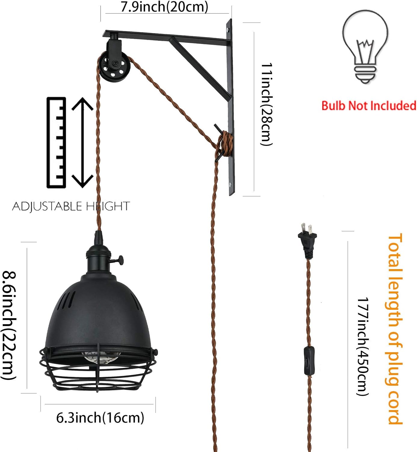 SEEBLEN Vintage Design Industrial Wheel Farmhouse Wall Mount Pulley Wall Pendant Lamp with 15-Foot Brown Plug and Switch , Adjustable Wall Sconce Sand Black Lampshade and Iron Cage Wall Light