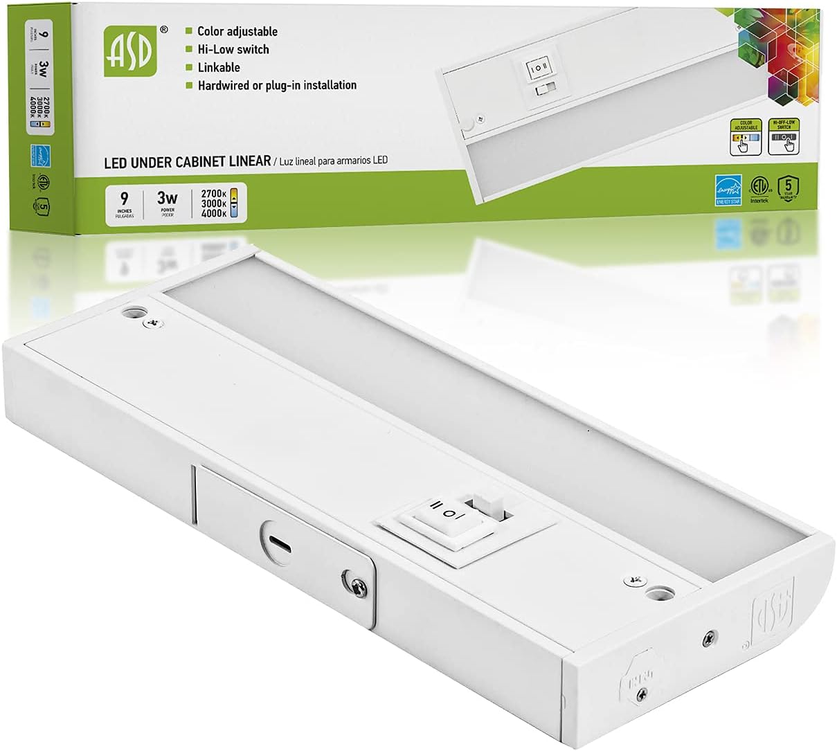 ASD LED Under Cabinet Lighting, 24 Inch, Dimmable, Hardwired or Plug-in Installation, 3 Color Temperature Selectable - 2700K/3000K/4000K, Linkable Kitchen Lights, 12W, ETL & Energy Star, White Finish Pack of 2