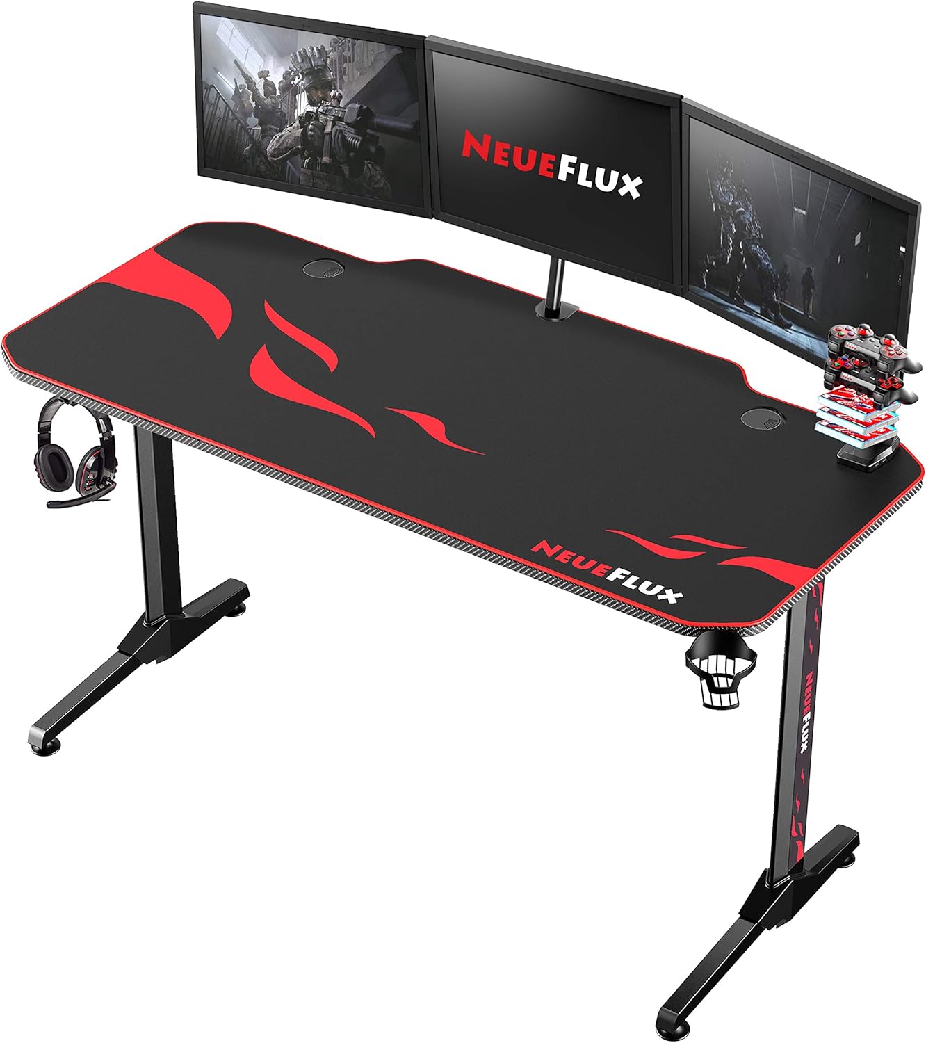 NeueFlux Gaming Desk 55 Inch Racing Style, T-Shaped Computer Desk with Full Desk Pad, Large Ergonomic Gaming Table Gamer Desk Workstation with USB Gaming Handle Rack, Cup Holder & Headphone Hook