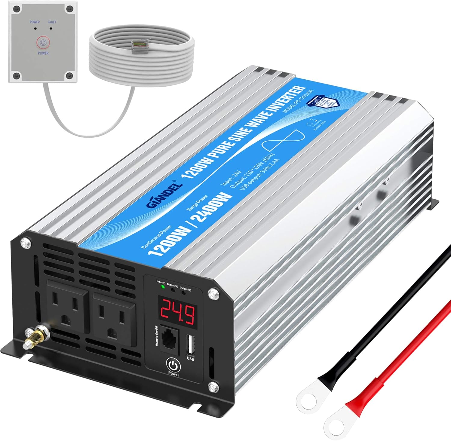24V Pure Sine Wave Power Inverter 1200W DC 24V to AC 120V with Remote Controller and LED Display 2.4A USB Port Dual AC Outlets for RV Car Emergency