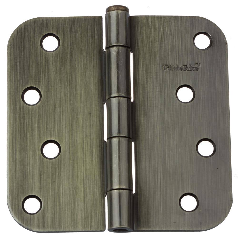 GlideRite 4 in. Antique Brass Steel Door Hinges 5/8 in. Corner Radius with Screws (48-Pack)