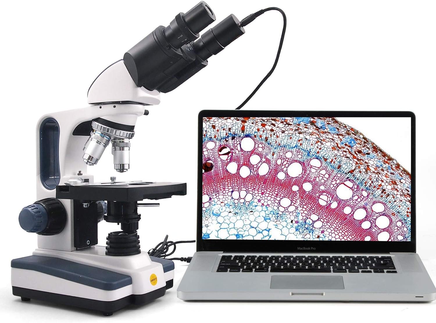 Swift Binocular Compound Microscope SW350B, 40X-2500X Magnification,Siedentopf Head,Research-Grade,Two-Layer Mechanical Stage,1.3mp Camera and Software Windows and Mac Compatible