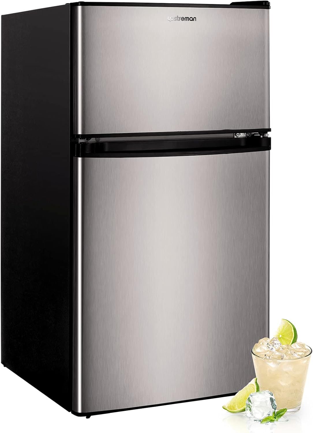 Upstreman 3.2 Cu.Ft Mini Fridge with Freezer, Stainless Steel 2 door, Adjustable Thermostat, Low noise, Energy-efficient, Compact Refrigerator for Dorm, Office, Bedroom