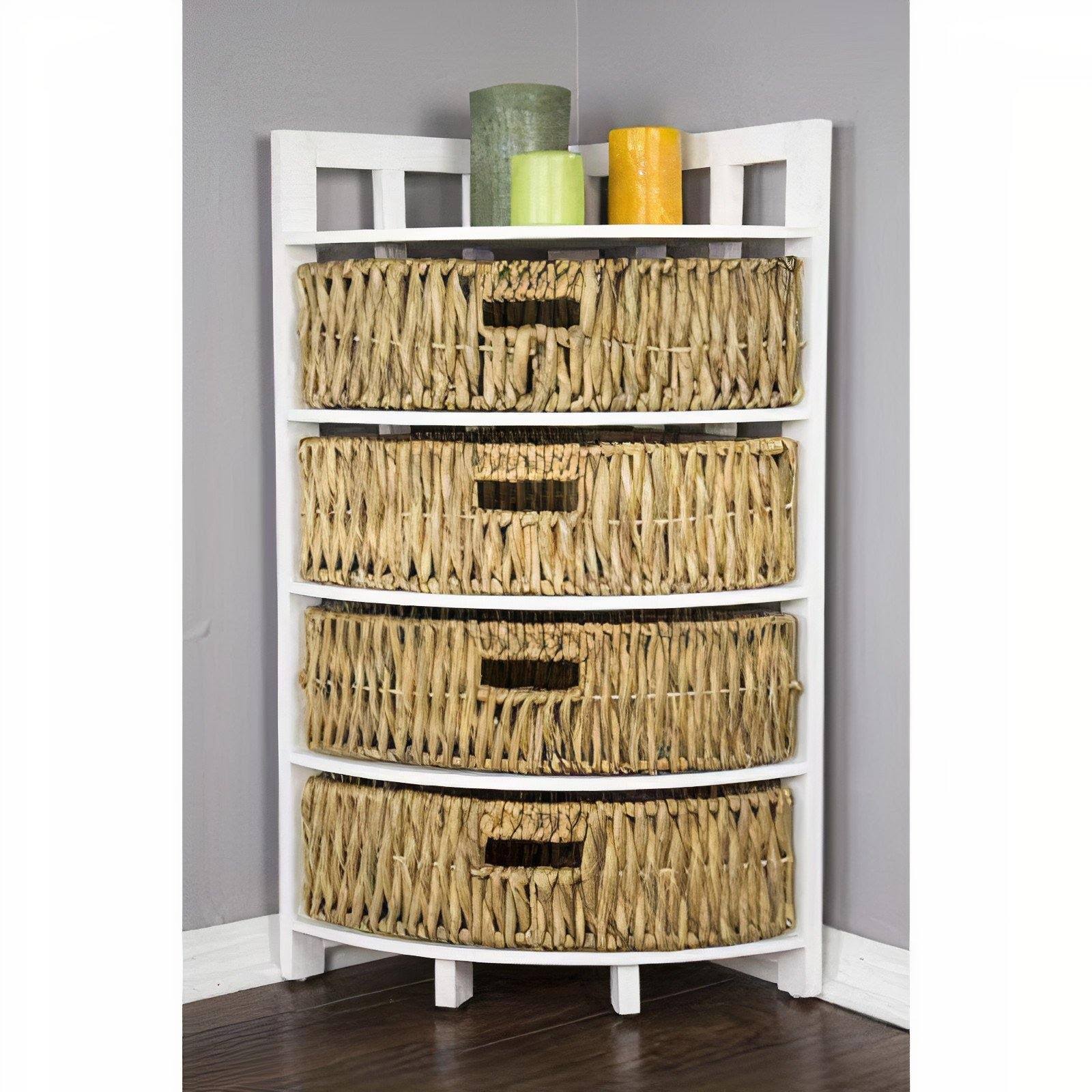 White Wash with Natural Water Hyacinth Wood MDF Water Hyacinth Corner Storage with Hyacinth Baskets