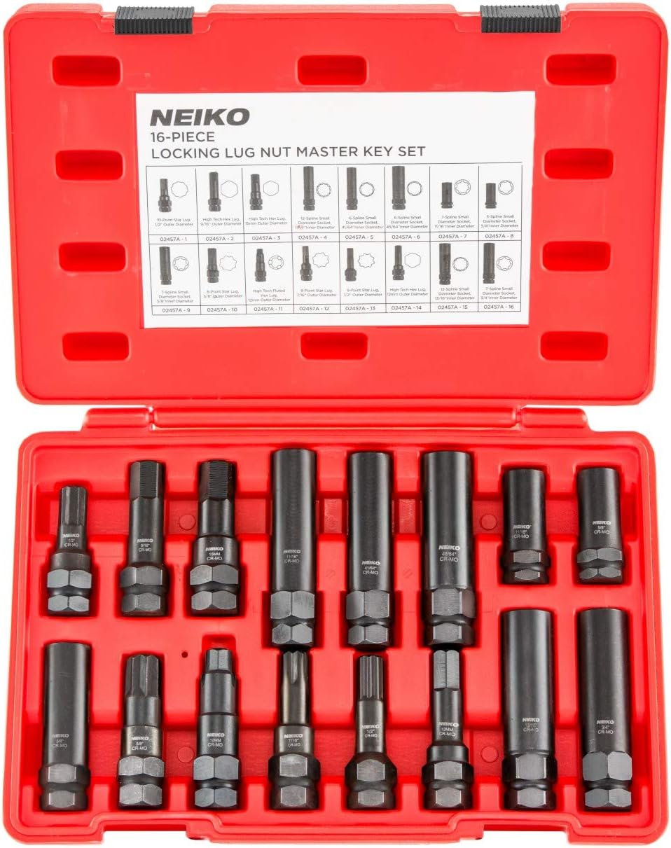 NEIKO 02457A Lug Nut Key Set | 16 Pcs Locking Lug Nut Master Key Set, Thin Wall Spline Lug Nut Socket, Wheel Lock Removal Tool Kit for Aftermarket and Factory Wheels Tire Key | SAE & Metric Lug Socket