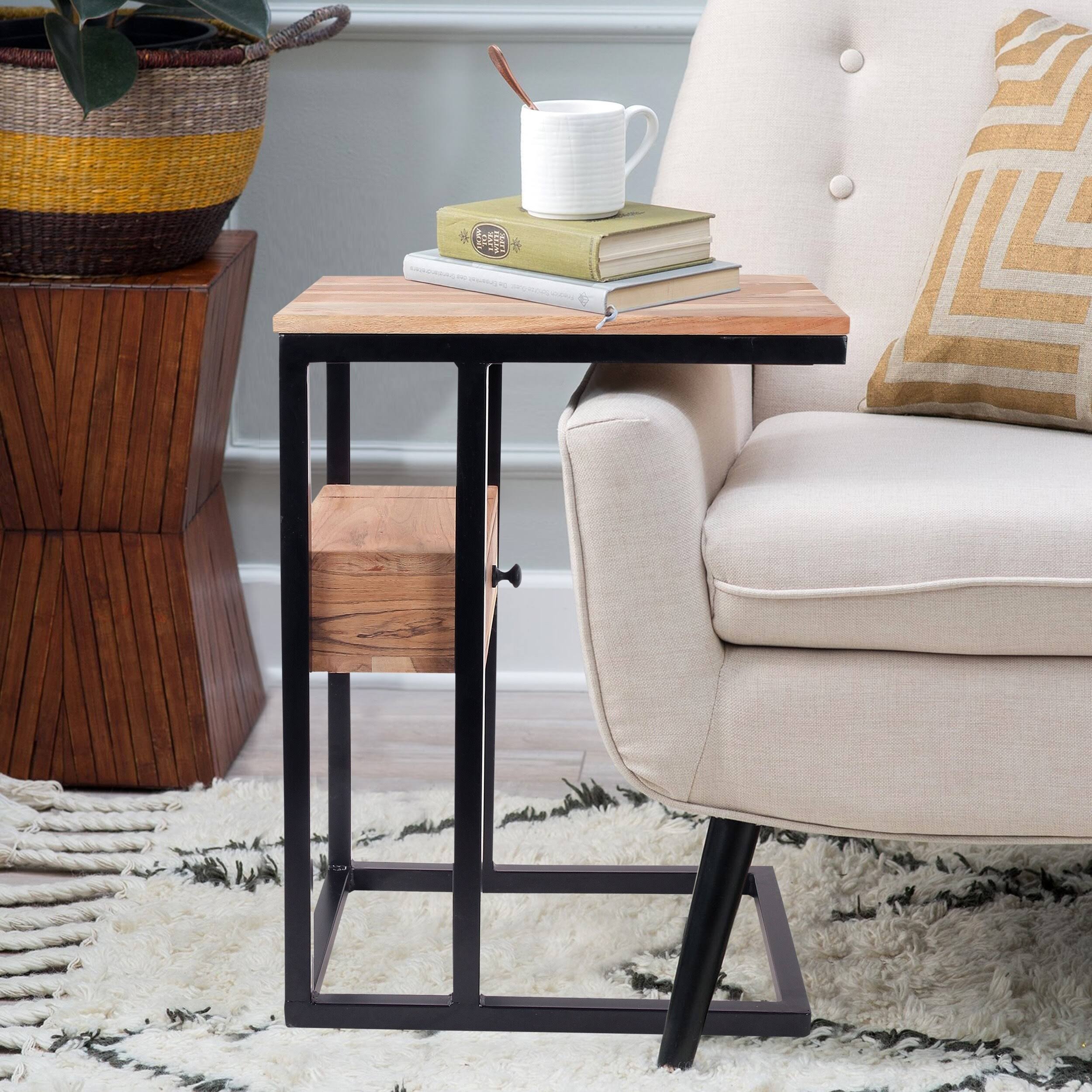 Porch u0026 den Cloverdale Acacia Wood C-Shape Sofa End Table with Drawer (Set of 2)