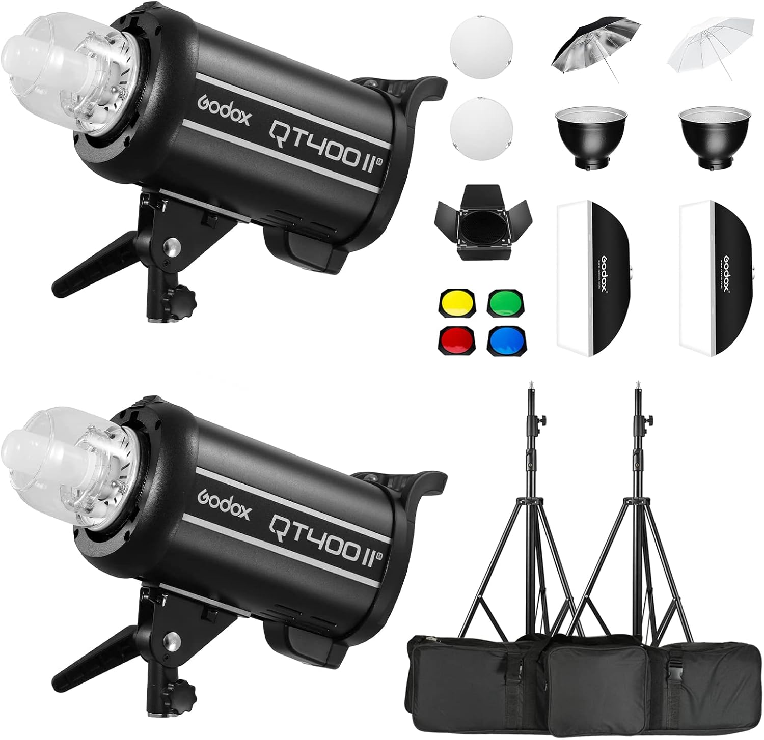 Godox 2 Pack QT400IIM Speedlite Studio Flash Strobe Kit,110V 5600k,high-Speed Multi-Freeze Flash with Light Stand,Softbox,43