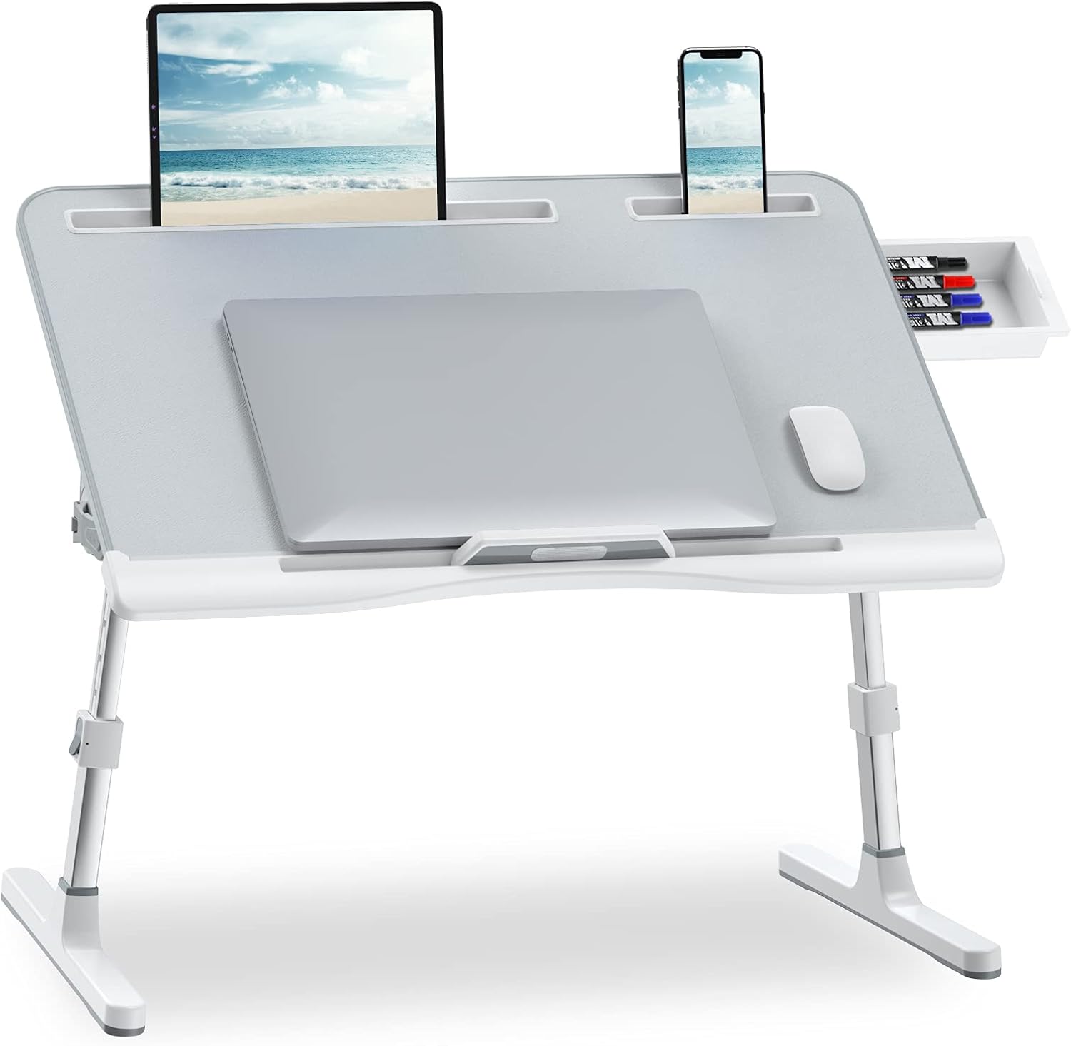 Laptop Desk for Bed, Potuopy Laptop Bed Tray Desk, Adjustable Laptop Desk with Storage Drawer, Foldable Laptop Table for Working, Eating, Writing, Drawing, Gaming (Medium,White Marble) Pack of 2