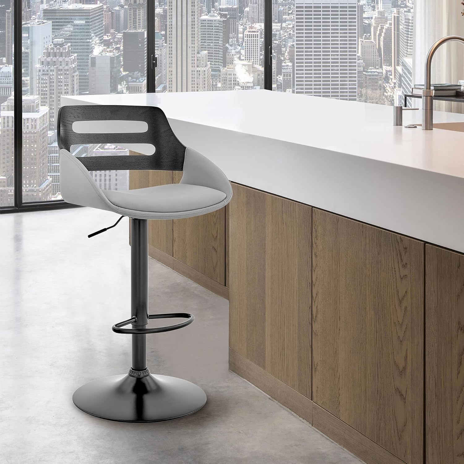 Armen Living Karter Adjustable Gray Faux Leather and Walnut Wood Bar Stool with Black Base