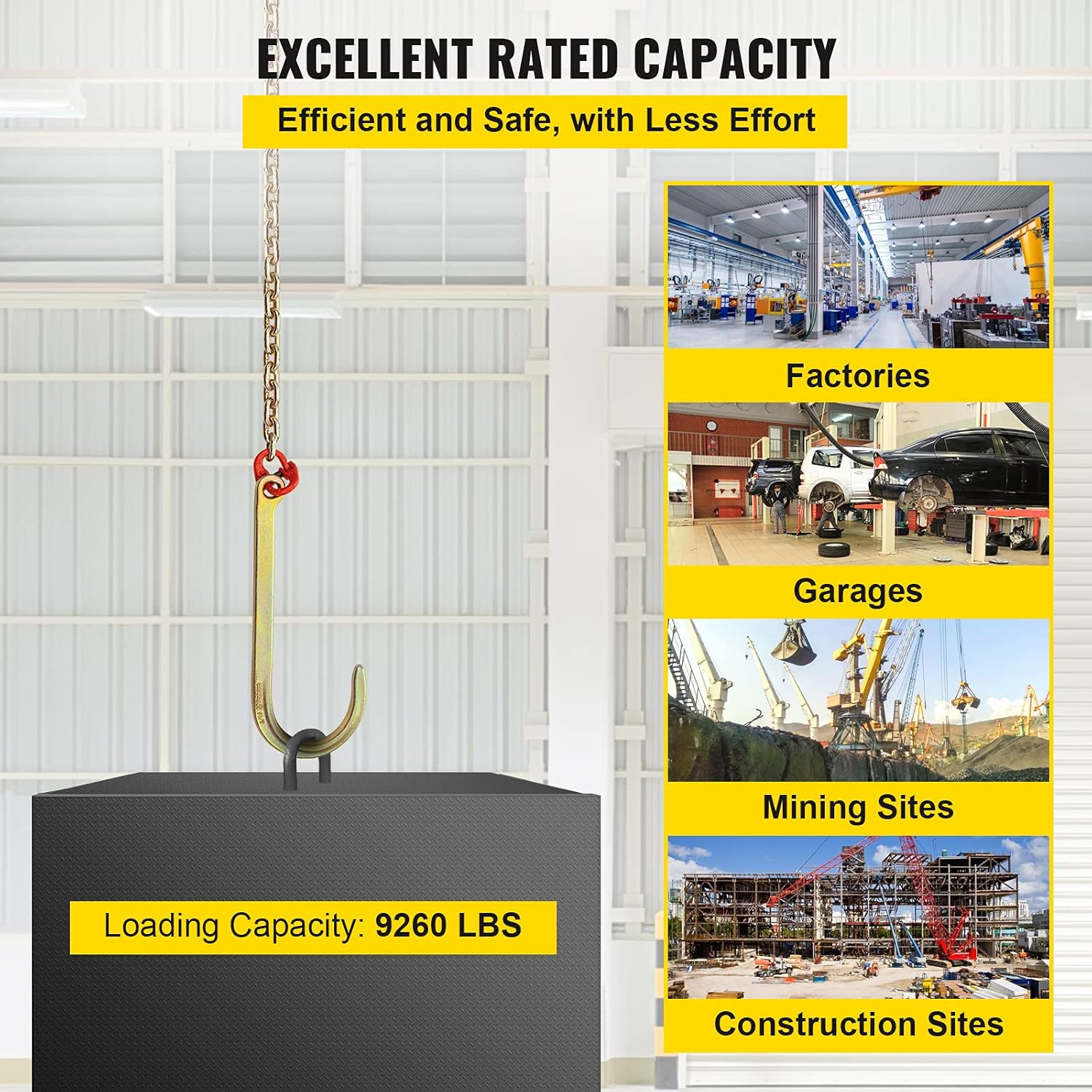 VEVOR J Hook Chain, 5/16 in x 10 ft Bridle Tow Chain, Grade 80 Bridle Transport Chain, Alloy Steel Chain with J Hook, Safe J Hooks Towing Strap, 9260 Lbs Break Strength Tow Hooks for Trucks Pack of 2