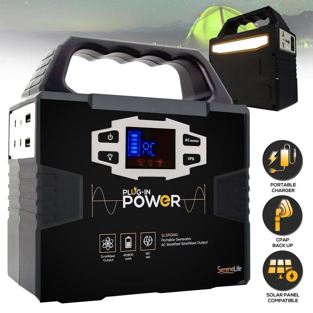 Serenelife Slspgn10 Portable Power Generator - Rechargeable Battery Pack Power Supply, Solar Panel Compatible - 40,800mAh