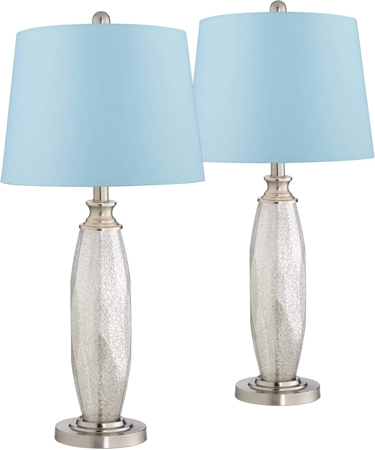 Carol Coastal Modern Contemporary Table Lamps Set of 2 Mercury Glass Nickel Light Blue Softback Drum Shade for Living Room Bedroom House Bedside Nightstand Home Office Family - 360 Lighting
