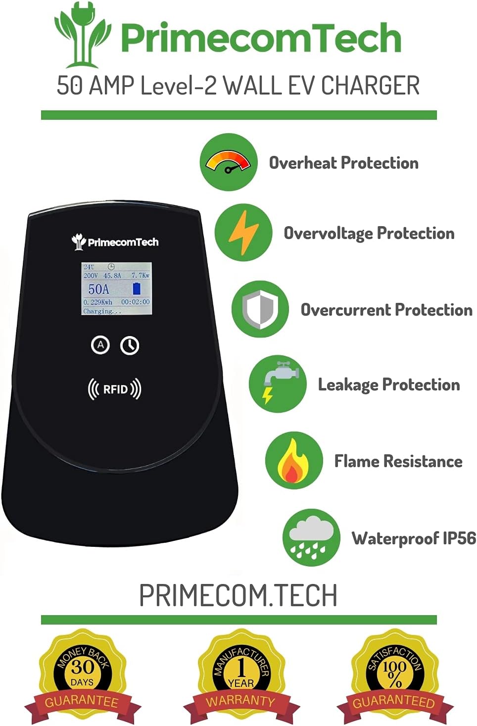 PRIMECOM 50 Amp Level-2 EV Wall Charger Station 220 Volt for TESLA, Volkswagen ID4, Mustang Mach-E, Ford F150, Audi ETron, Toyota RAV4, Kia EV6, Hyundai IONIQ 5, Polestar, Rivian (30 Feet, NEMA 6-50P)