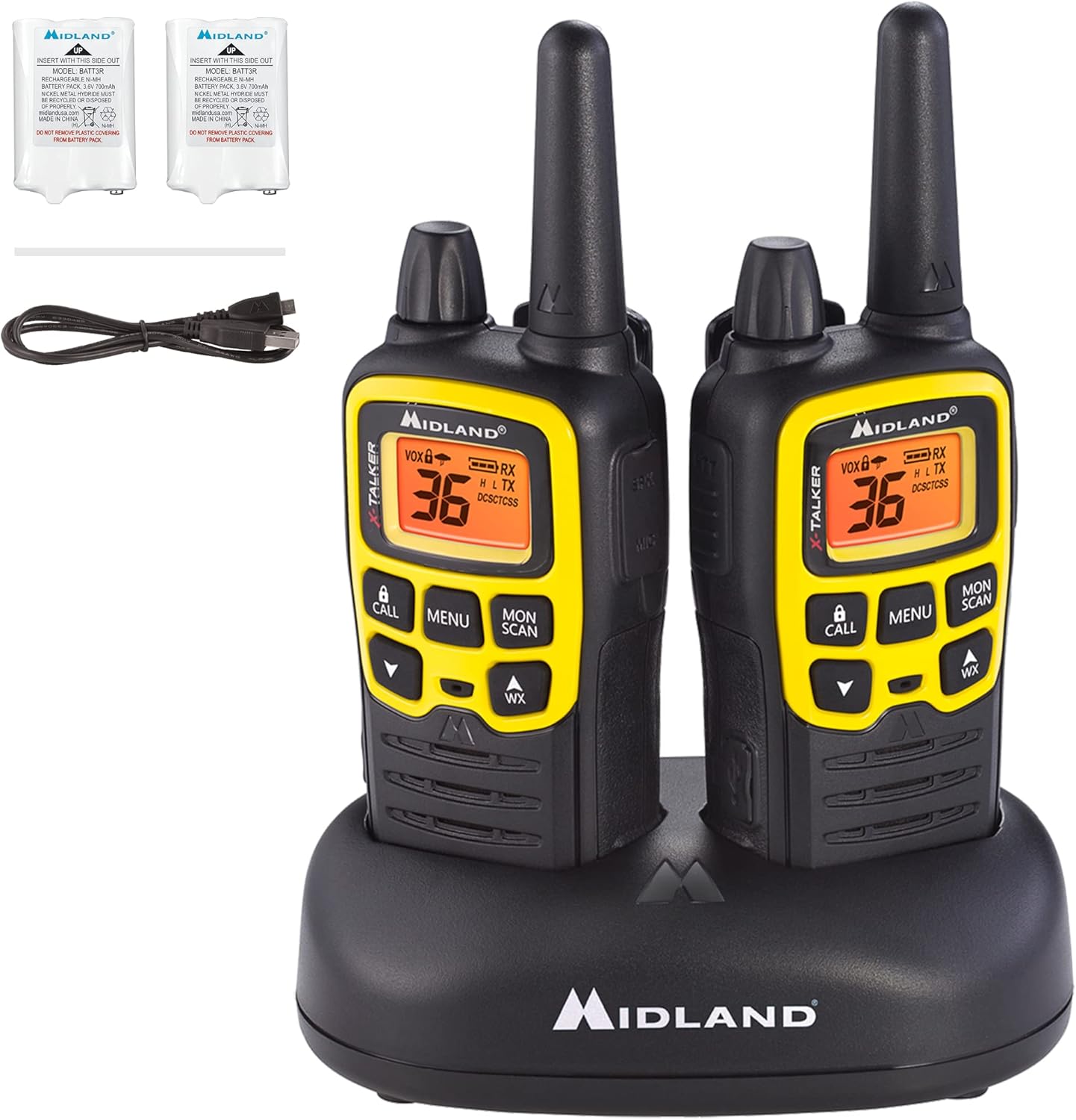 Midland X-TALKER 36 Channel FRS Two-Way Radio - Long Range Walkie Talkie, 121 Privacy Codes, & NOAA Weather Scan + Alert (Black/Yellow, 2-Pack) Pack of 2