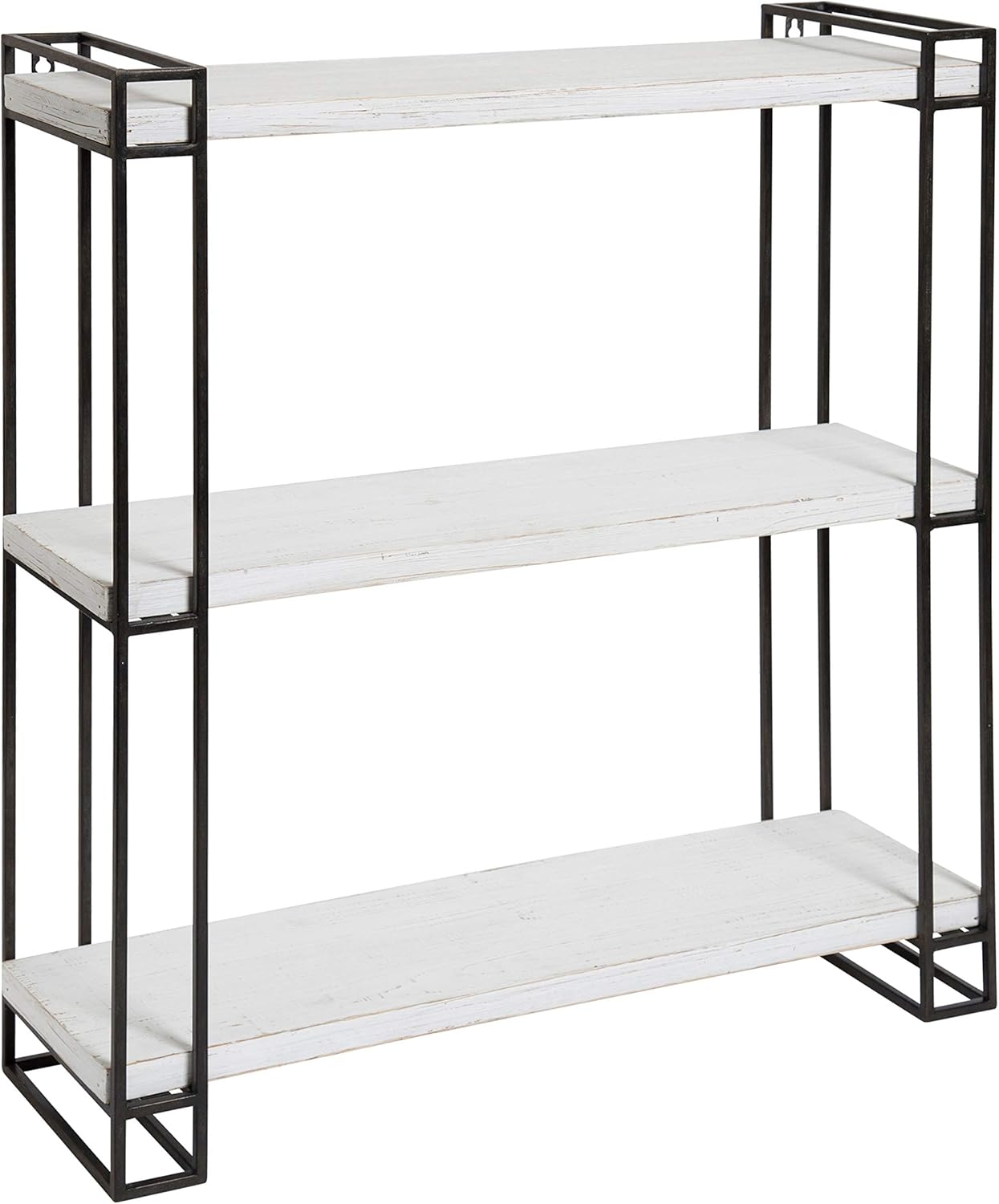 Kate and Laurel Lintz Modern Industrial Wood and Metal Floating Wall Shelves with Black Metal Frame, Rustic White