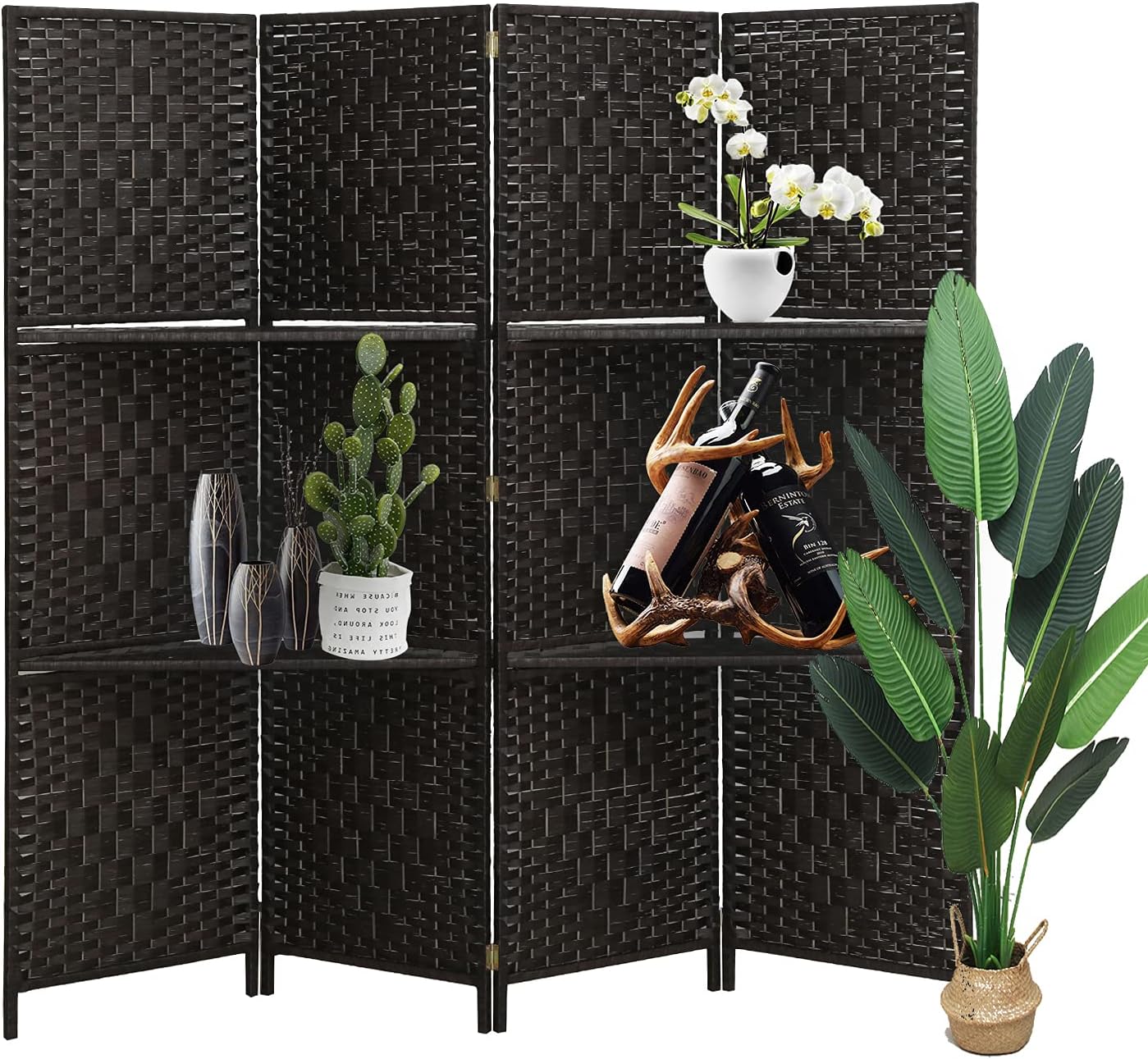 ECOMEX 4 Panel Room Divider with Shelves, Folding Partition Room Divider Wall Privacy Screen Room Dividers, 6 Ft Tall Room Divider with Removable Storage Shelves (Dark Brown)