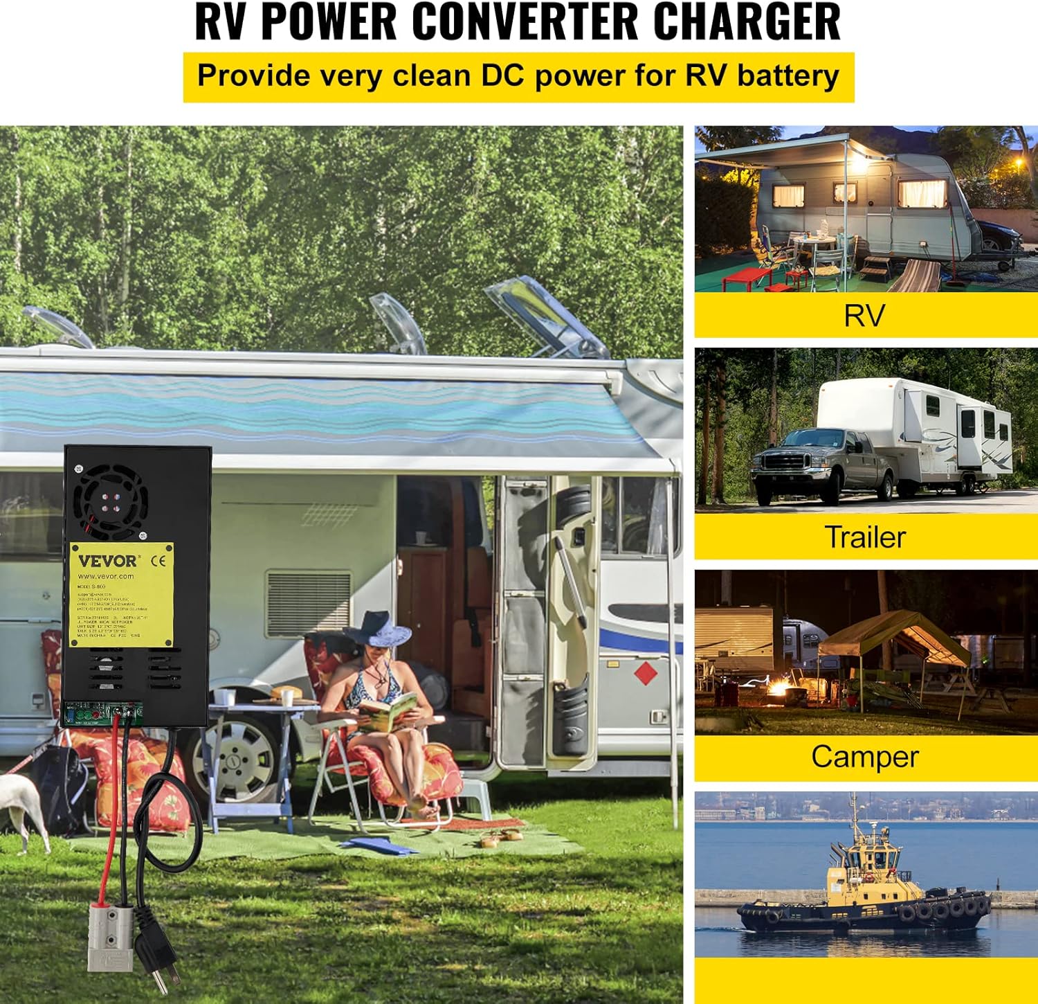 VEVOR RV Power Converter Charger, 110 Volt AC to 12 Volt DC, Power Supply Battery Converter Charger 600W with 13-16V DC Adjustable Operating Range, Three-Stage Inverter, for RV Trailer Camper 35 Amp