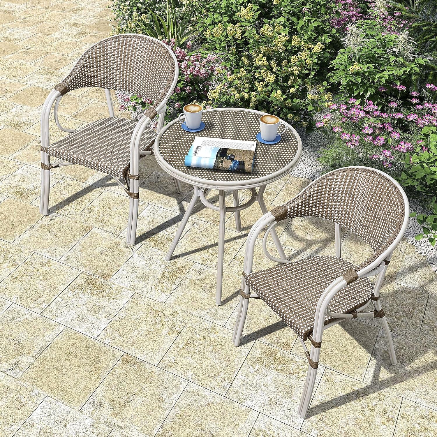 PURPLE LEAF French Patio Bistro Set Rattan Aluminum 3 Pieces with Armchairs and Tempered Glass Top Bistro Table for Patio Lawn Garden Backyard Deck Porch Balcony Outdoor Bistro Set, Brown
