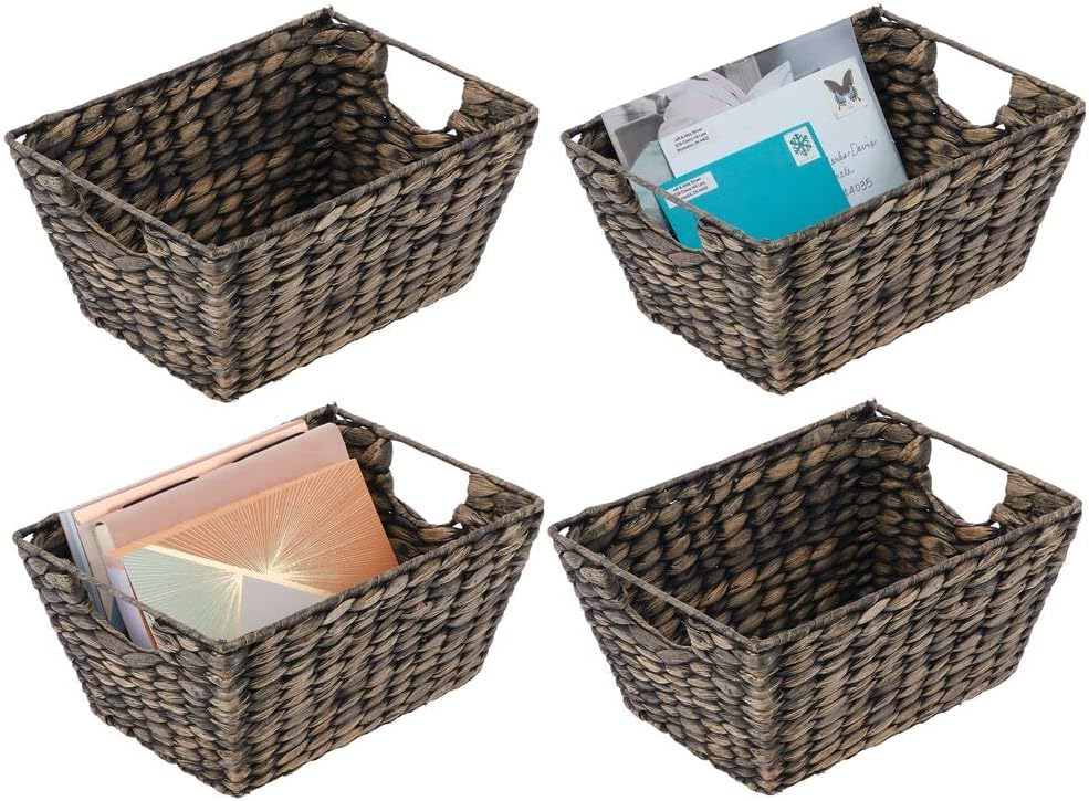 mDesign Natural Woven Hyacinth Closet Storage Organizer Basket Bin for Kitchen Cabinets, Pantry, Bathroom, Laundry Room, Closets, Garage - 4 Pack - Dark Brown Pack of 2