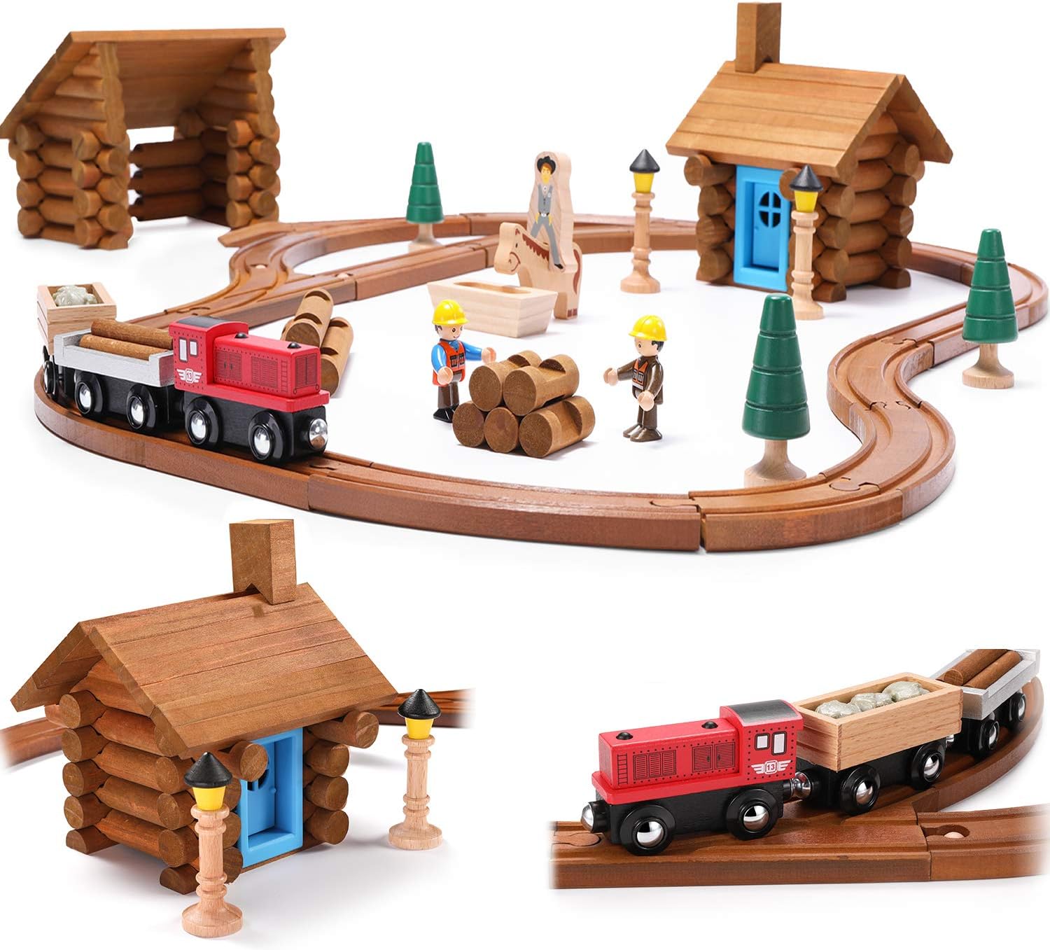 SainSmart Jr. Wooden Train Set Log Cabin Building Blocks - 60 PCS Real Wood Logs - Lumber Mill - Buildable House Train Tracks Construction Toy for 4 5 6 Year Old Kids Toddler