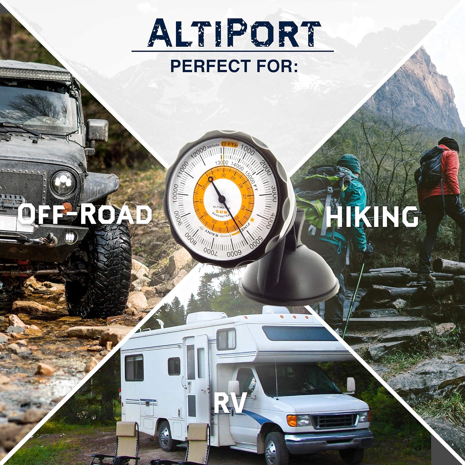 Sun Company AltiPort - Detachable Windshield and Dashboard Altimeter and Barometer | Altimeter for Cars and Trucks | Reads Altitude from 0 to 15,000 Feet
