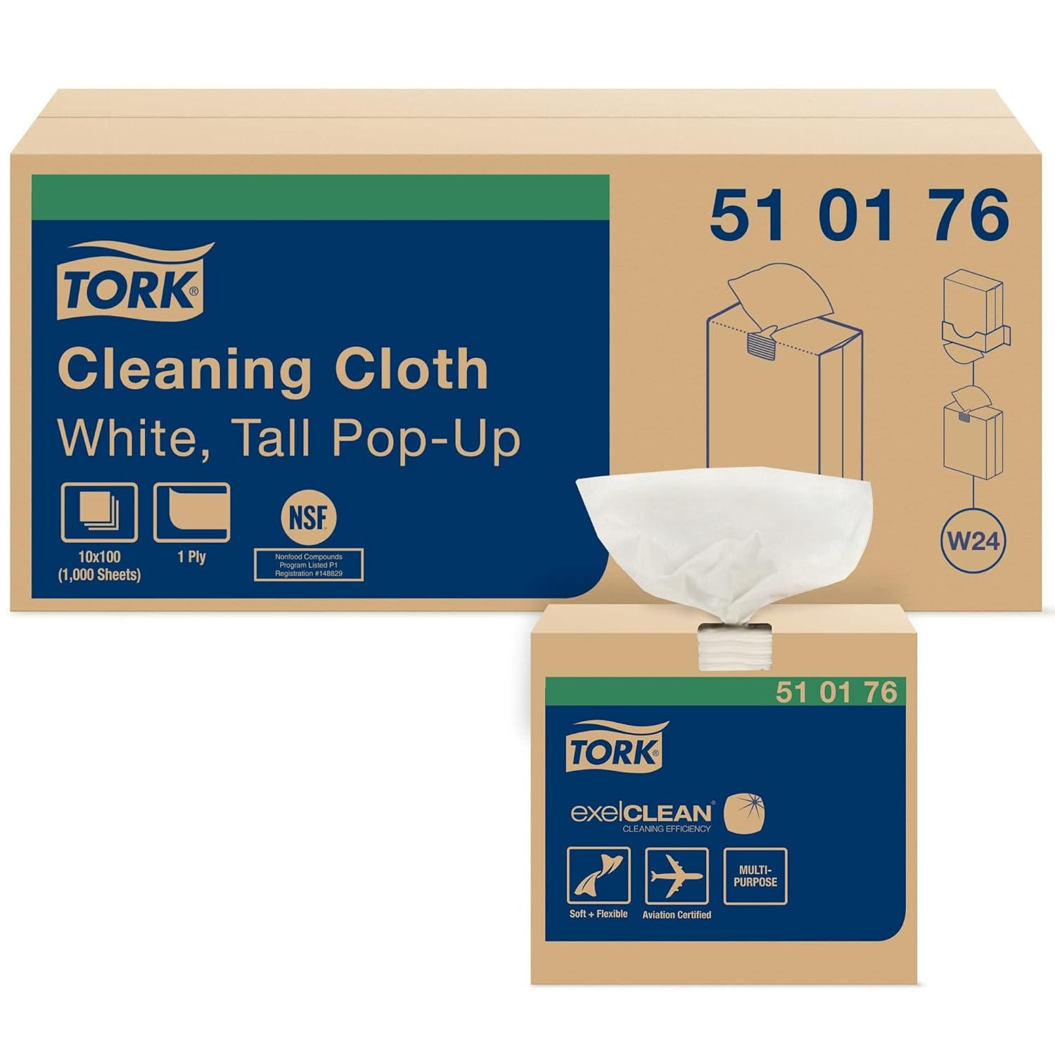 Tork Cleaning Cloth White W24, Pop Up, 10 x 100 sheets, 510176 Pack of 2