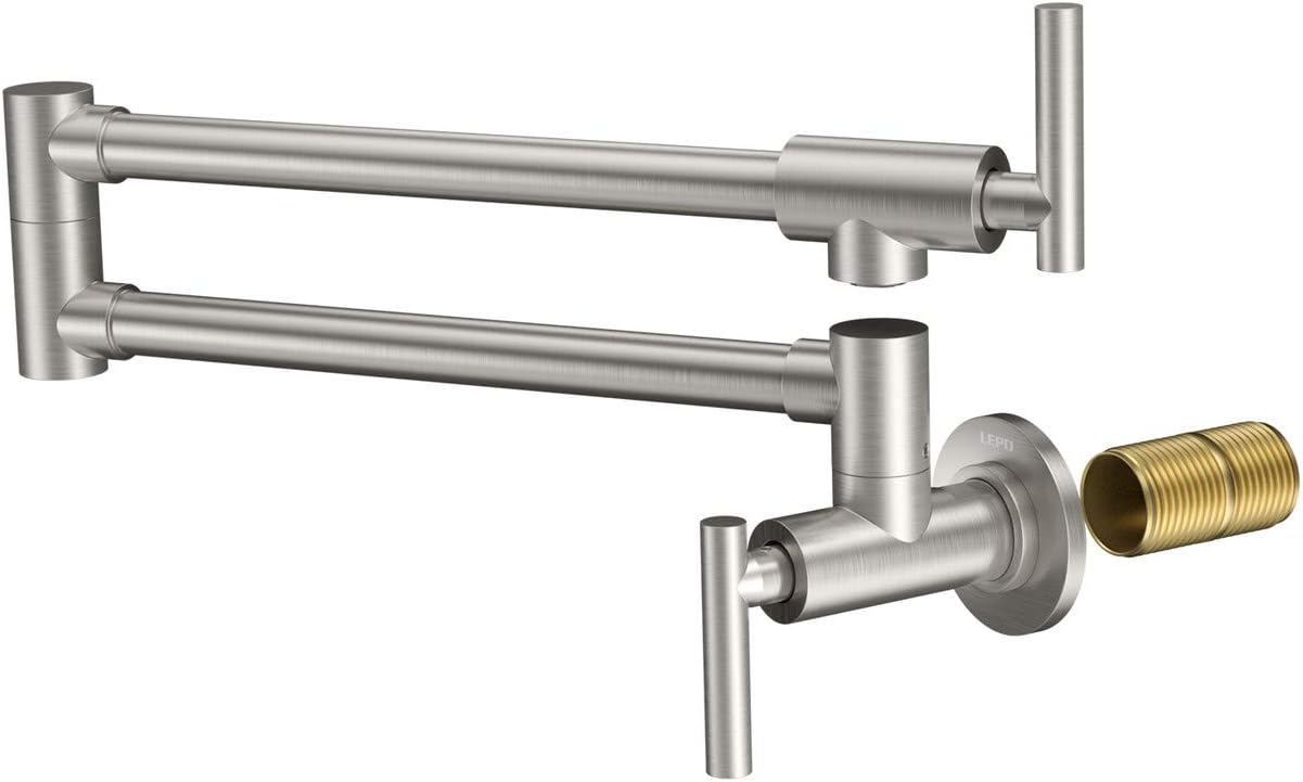 LEPO Pot Filler Faucet Wall Mounted, Solid Brass Folding Kitchen Restaurant Sink Faucet with Double Joint Swing Arm Single Hole 2 Handles Commercial NPT Matte Black