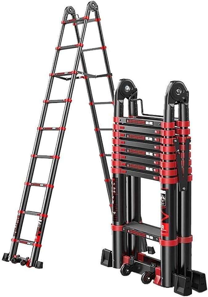 WGGGF Double Extension Ladder 16ft Telescoping Ladder Aluminum Telescopic Tall Ladder A-Type 2.5m+2.5m Extension Foldable Ladder Black-Yellow