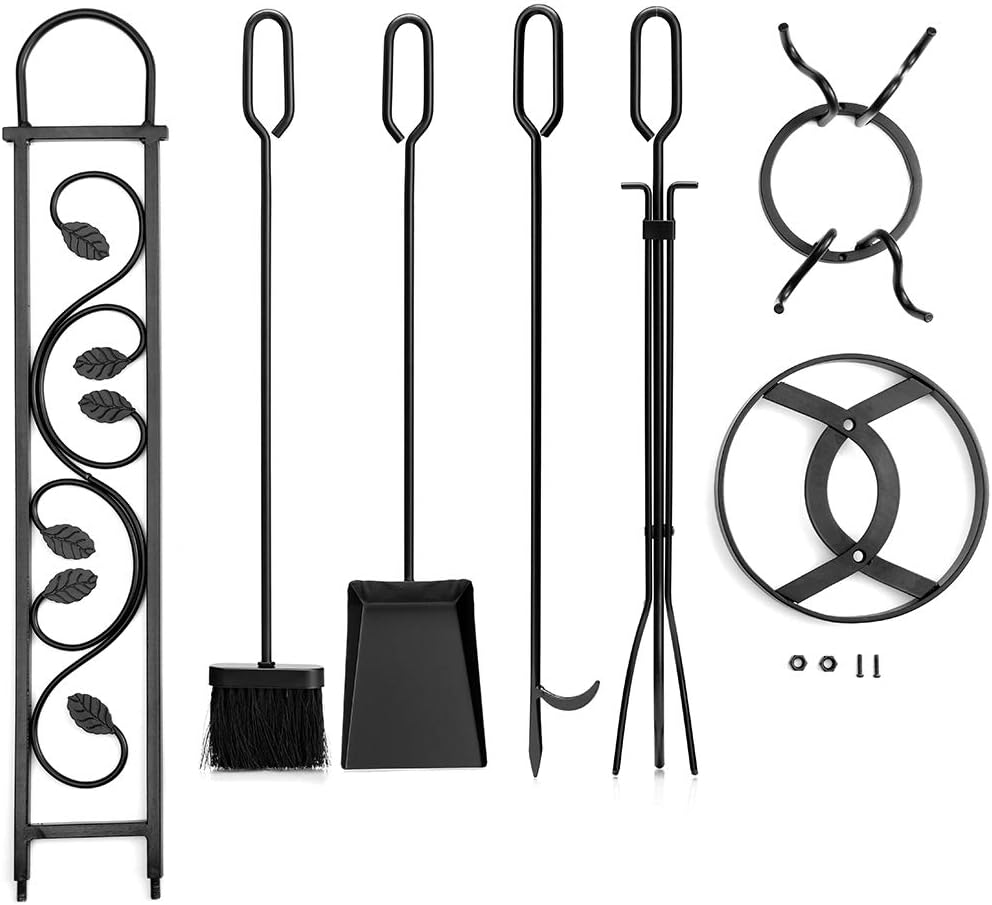 DOEWORKS 5 Pieces Fireplace Tools Sets with Handles Wrought Iron Fire Tool Set for Indoor Fireplace and Outdoor Fire Pit (Stand, Poker, Tongs, Shovel, Brush)