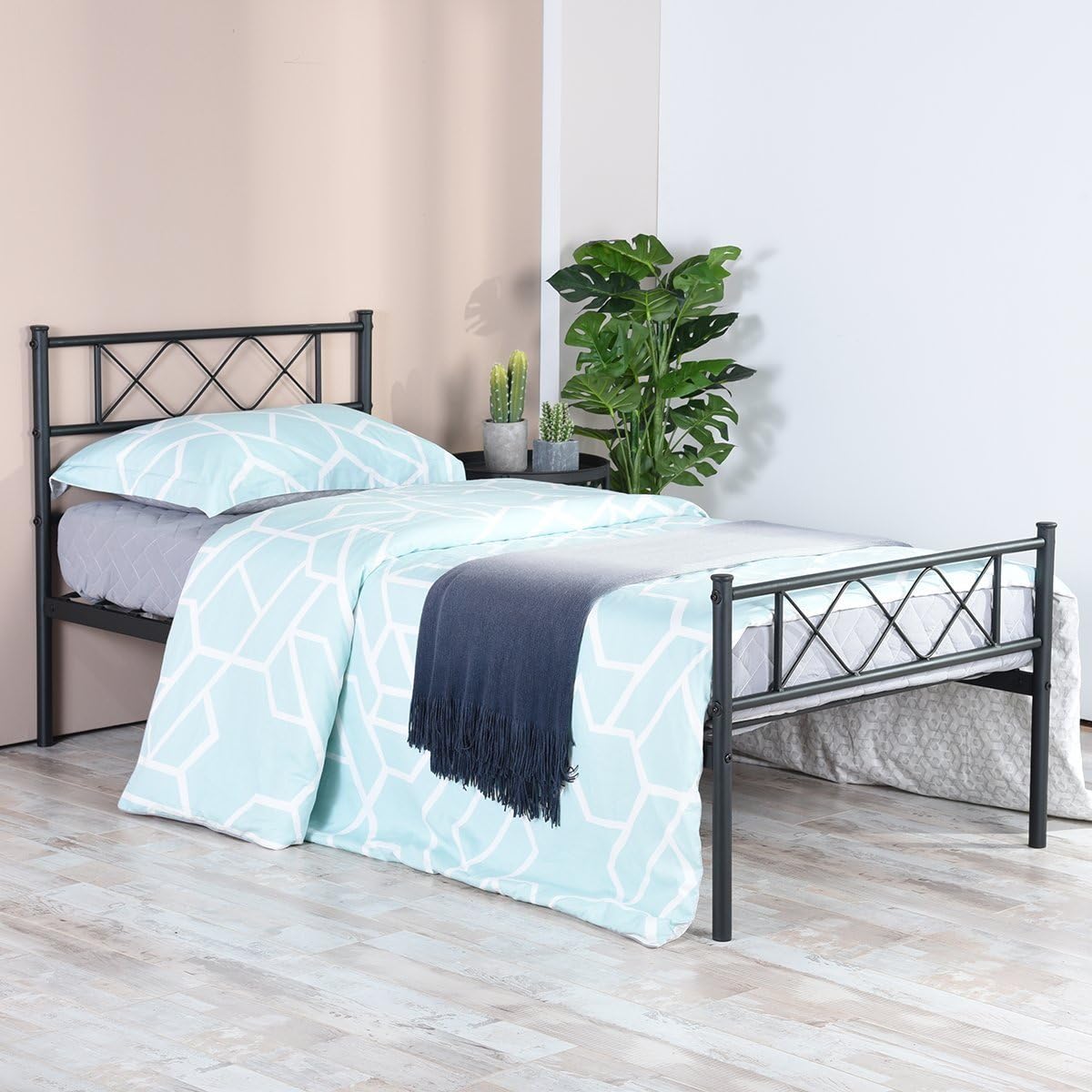 SimLife Metal Platform Bed Frame with Two Headboards Mattress Foundation/Slat Support/No Box Spring Needed, Twin Black
