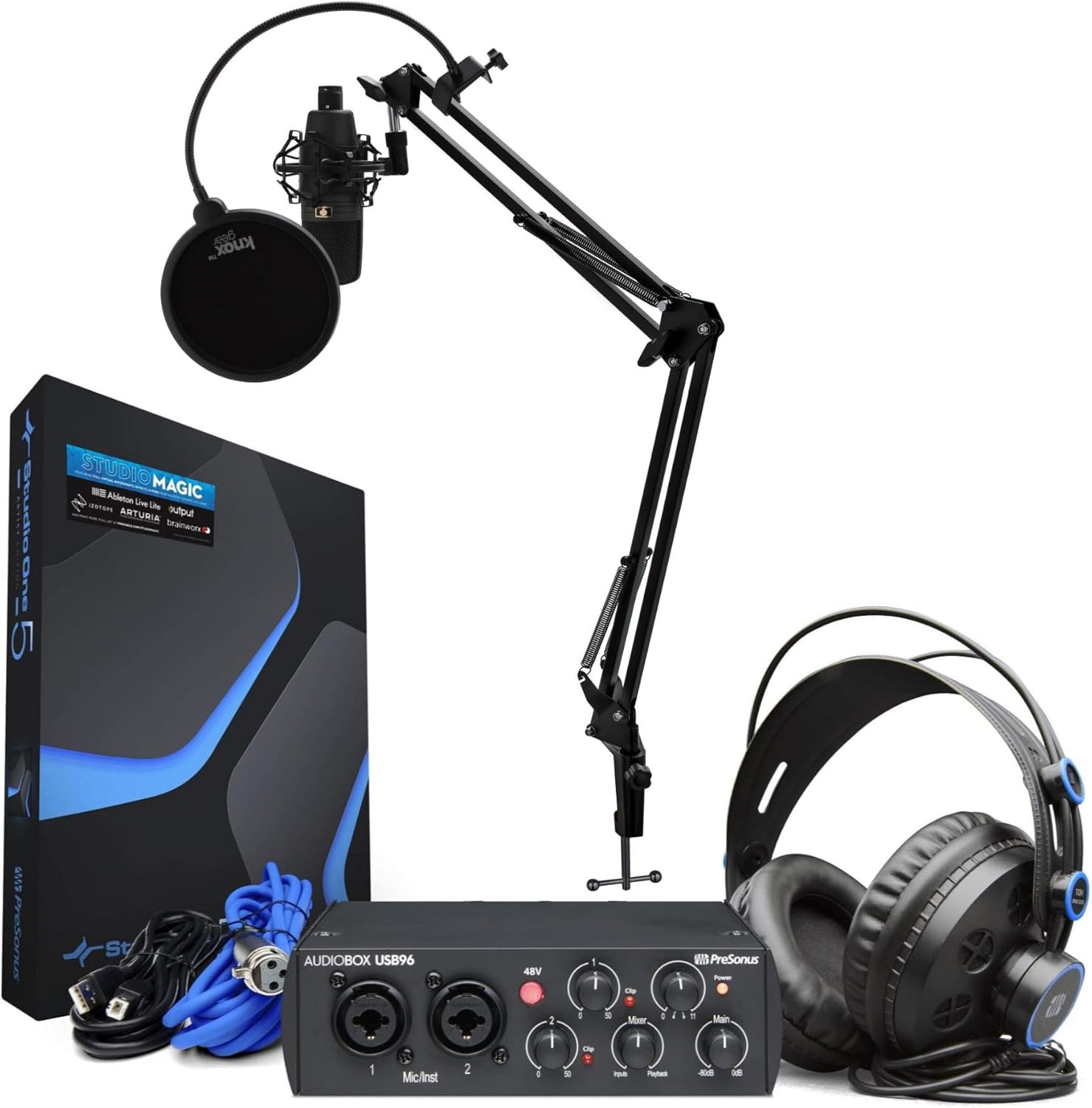 PreSonus AudioBox 96 Interface with Presonus Microphone, Headphones, XLR Cable Bundle with Knox Gear Studio Stand, Pop Filter and Shock Mount (7 Items)