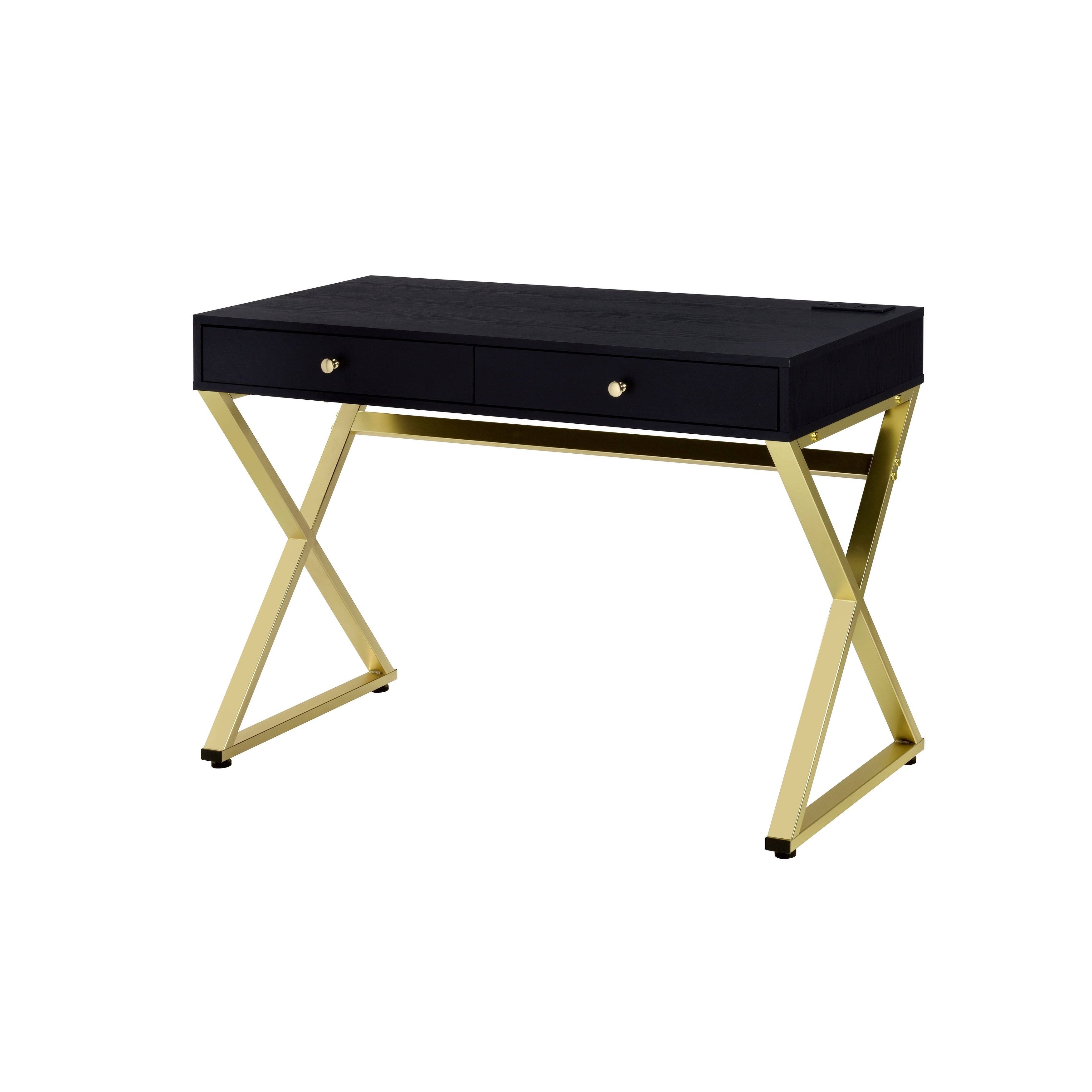 Acme Coleen Built-in USB Port Writing Desk, Black u0026 Brass Finish 93050