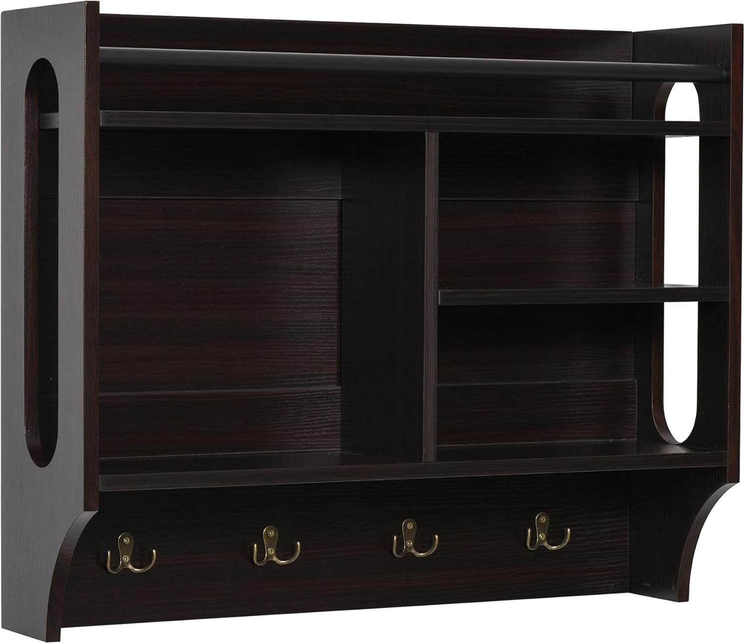 HOMCOM Wall-Mounted Floating Storage Shelf with 4 Storage Units and 4 Dual Hooks, Espresso Pack of 2
