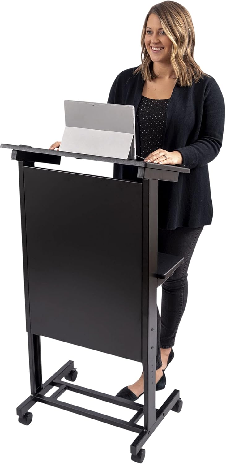 Stand Up Desk Store Mobile Adjustable Height Rolling Lectern Podium with Heavy Duty Steel Frame (Black Frame/Black Shelves, 25.5