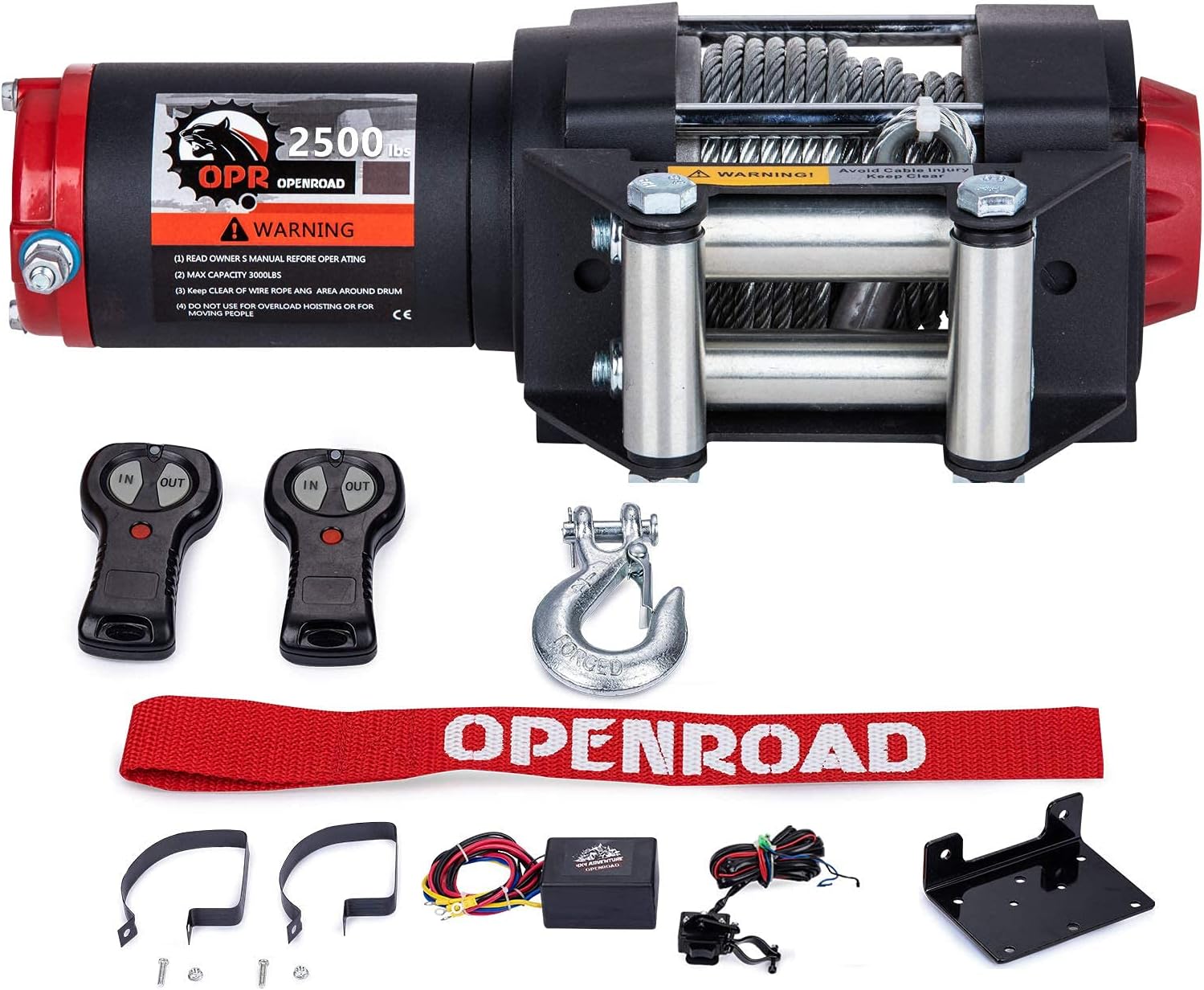 OPENROAD 2500Lbs 12 Volts Electric Winch, Winch for ATV/UTV/Boat, 2500Lbs /1133kg Electric Winch Kit, with 12m/39ft Winch Cable, Towing Off-Road Electric Winch Recovery kit (2500Lbs Black)