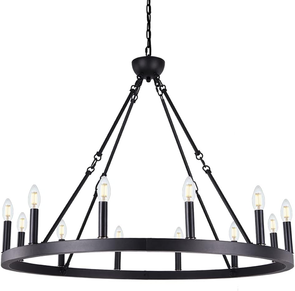 Wellmet 12-Light Black Wagon Wheel Chandelier Diam 38 inch, Farmhouse Industrial Country Style Large Round Pendant Light Fixture for Dining Room, Kitchen Island