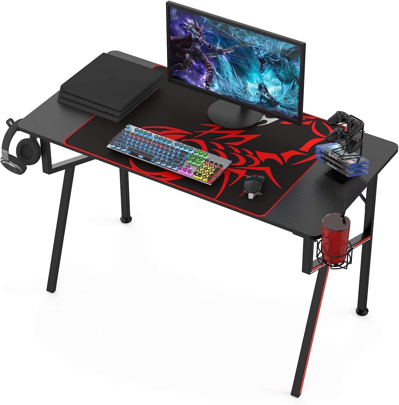 It's_Organized Gaming Desk 63 inch K-Frame Design Home Office Desk,Professional Gamer Workstation with Cup Holder Headphone Hook Controller Stand, Black